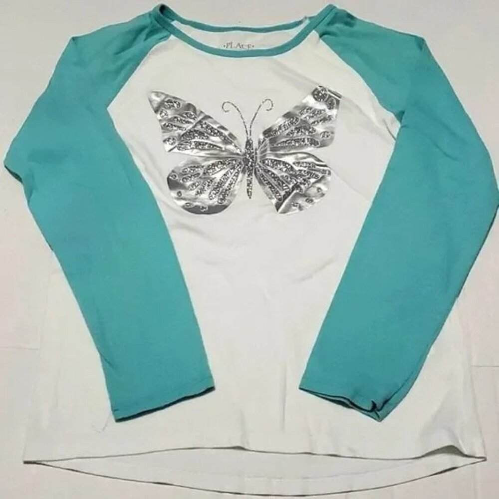 Place White & Teal Shinny Silver Butterfly Baseball Raglan Tee Shirt Girls XL